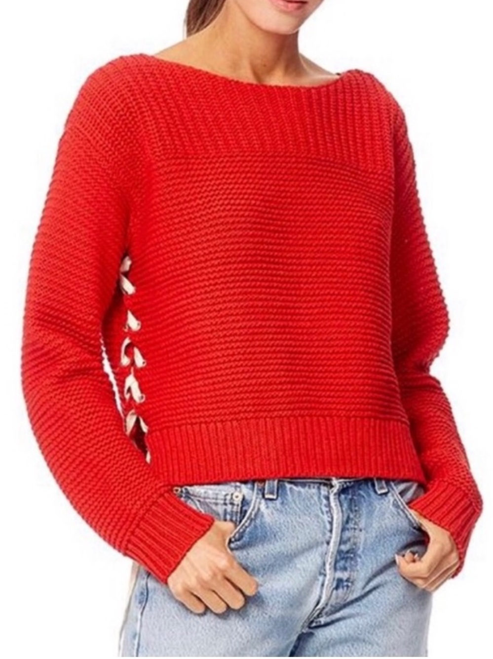 NEW 360SWEATER RED BOATNECK LACE-UP SWEATER